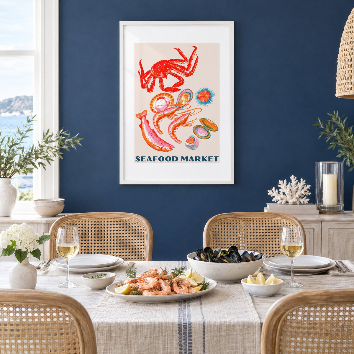 SEAFOOD MARKET gouache crab shellfish print in a white frame on a navy wall above a dining table set with shrimp and mussels
