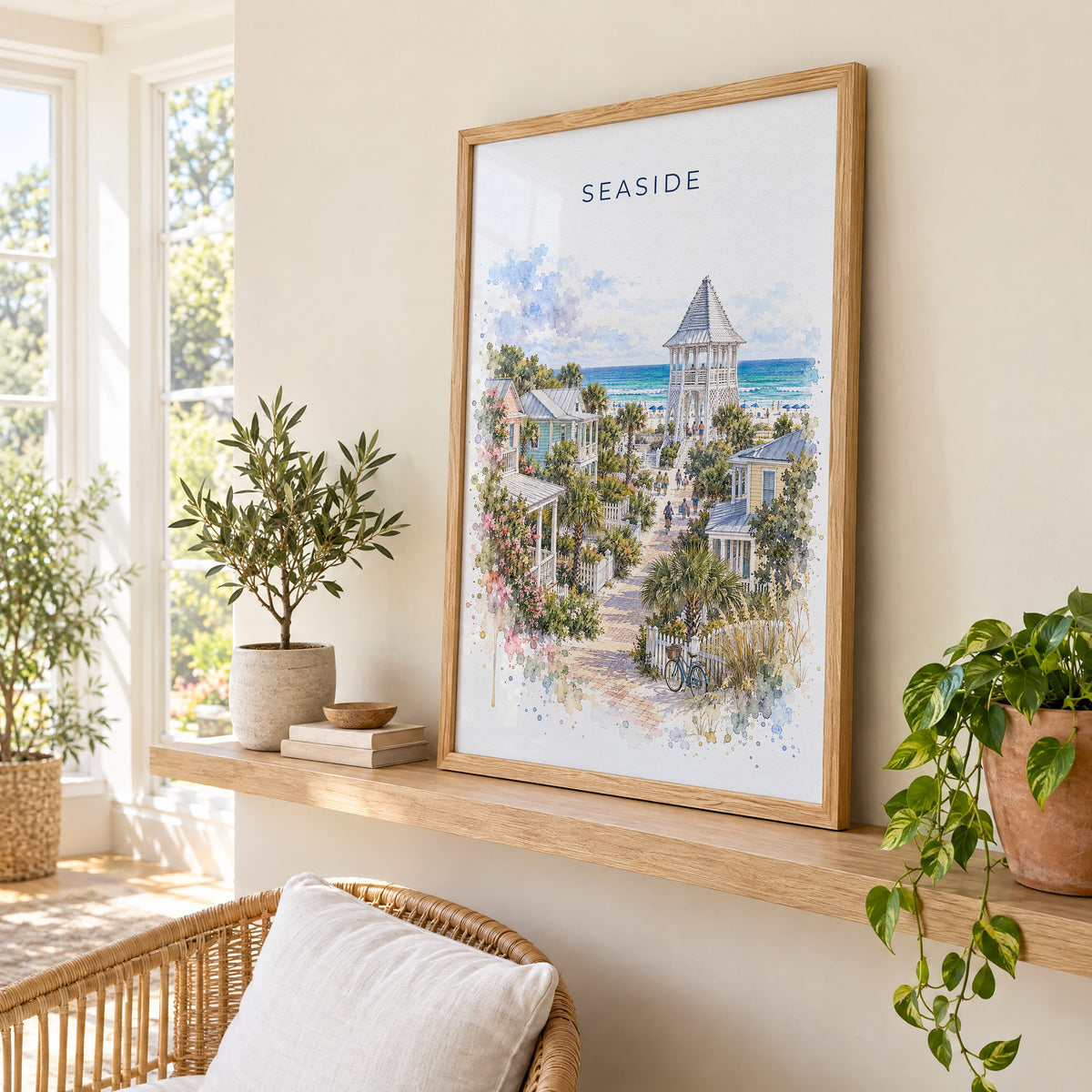 Seaside, Florida watercolor print in an oak frame on a picture ledge in a sunlit sunroom