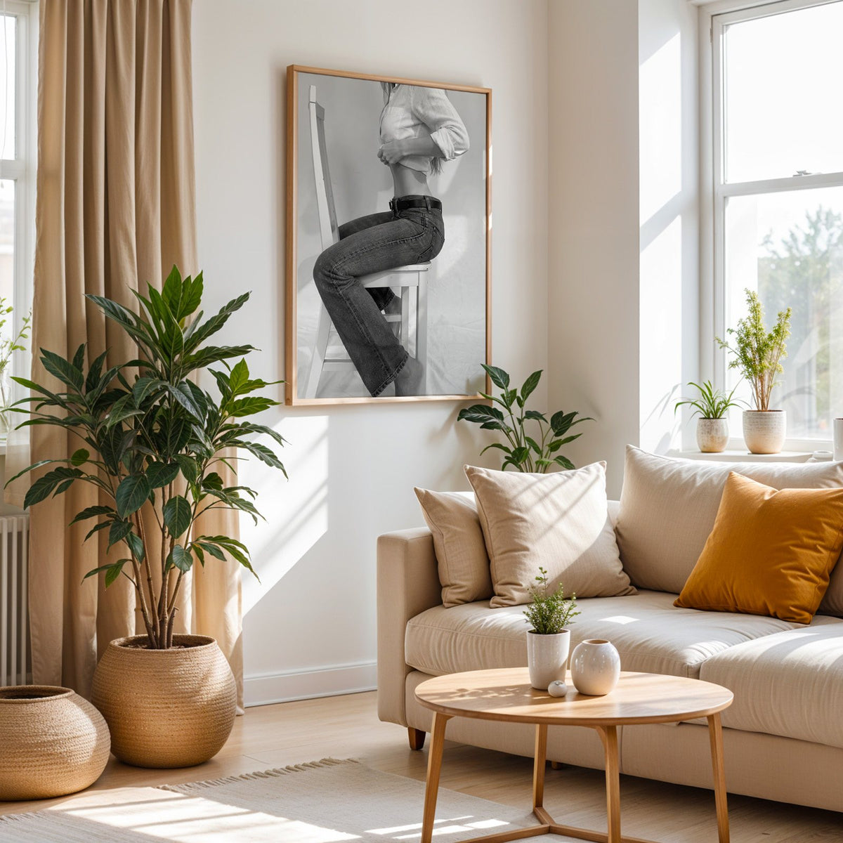 Woman in flared jeans on a white wooden chair print in an oak frame above a cream sofa beside woven planters