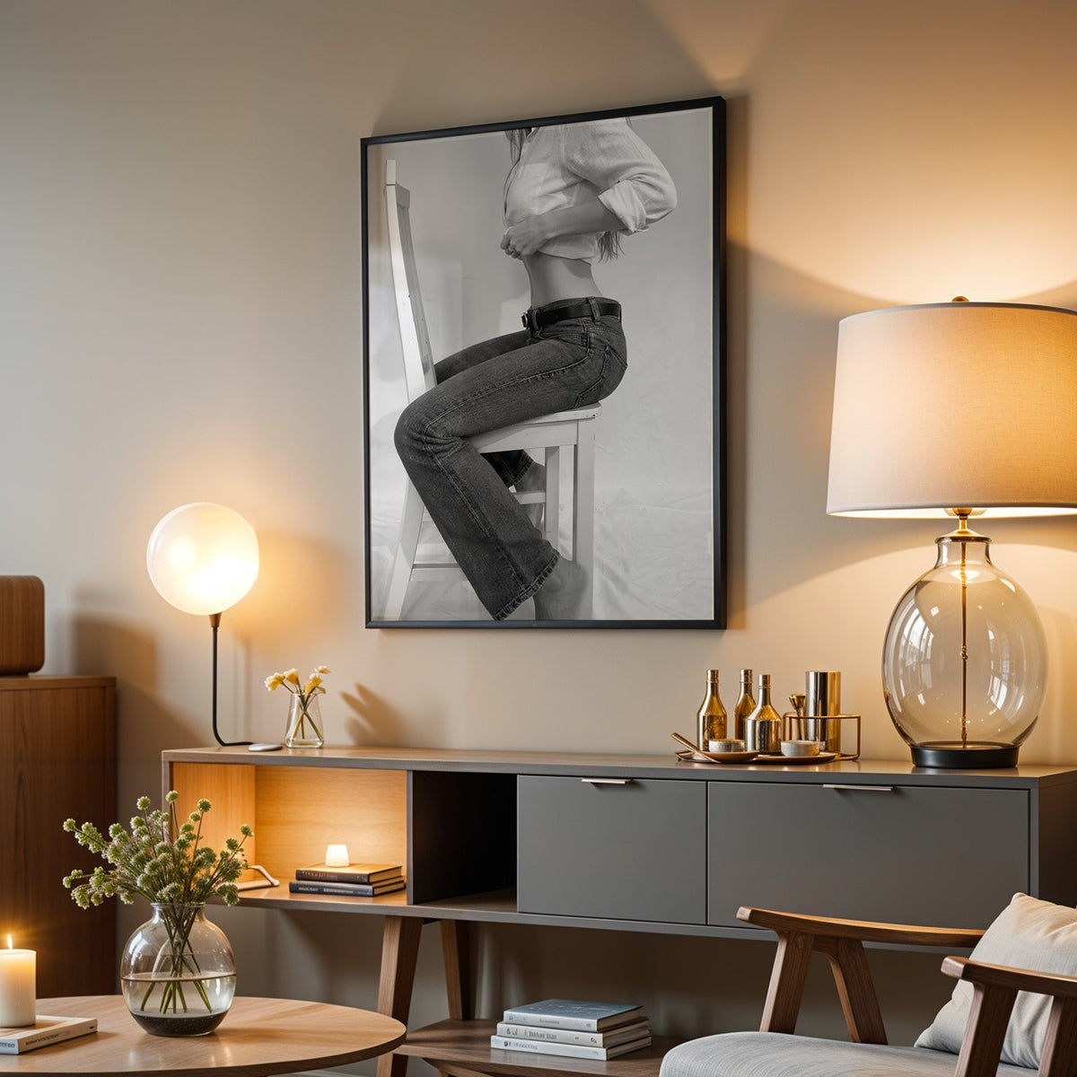 Woman in flared jeans on a white wooden chair print in a black frame above a grey media console with a glass table lamp