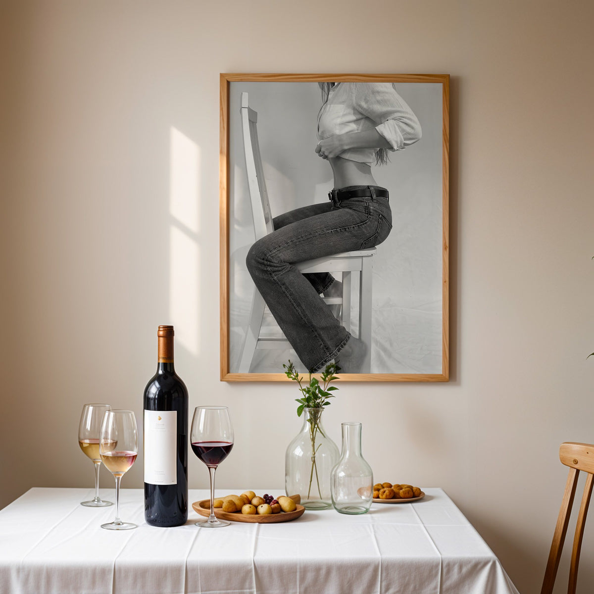 Woman in flared jeans on a white wooden chair print in an oak frame above a table set with red wine and glasses