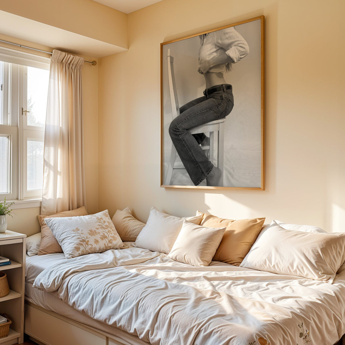 Woman in flared jeans on a white wooden chair print in an oak frame above a cream daybed in a sunny bedroom