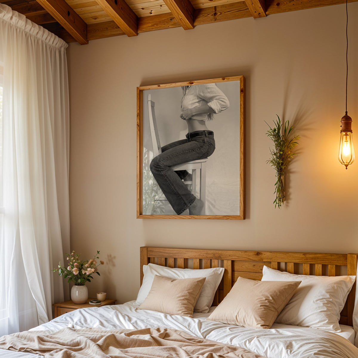 Woman in flared jeans on a white wooden chair print in a pine frame above a wood headboard bed under a pendant bulb