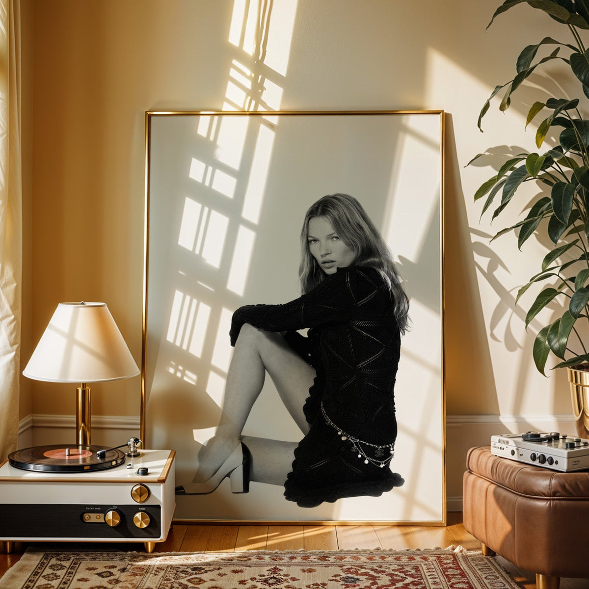 Seated woman in lace-pattern knit dress on white print shown in a gold frame beside a record player and table lamp