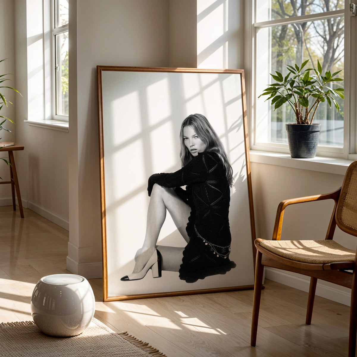 Seated woman in lace-pattern knit dress on white print in a walnut frame on a wood floor beside a cane chair and sunny window