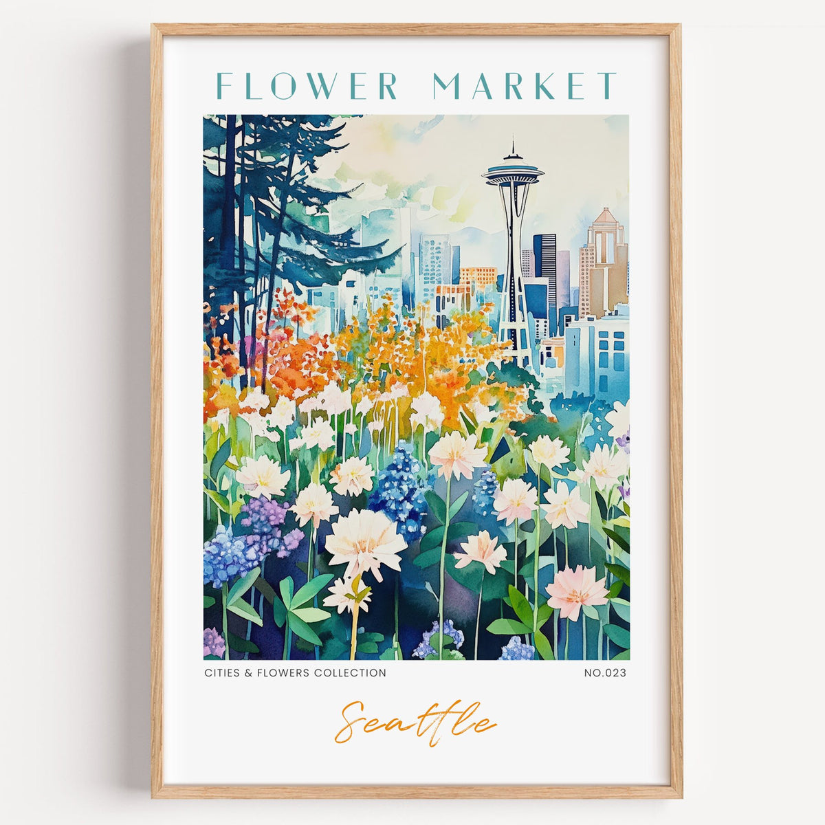 Seattle flower market print in a light oak frame on a plain white wall
