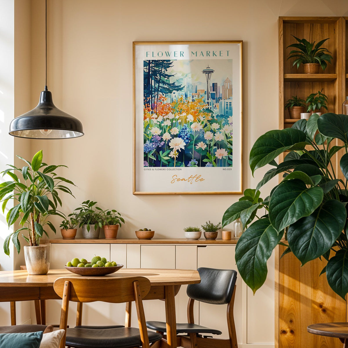 Seattle flower market print in an oak frame above a dining sideboard lined with potted plants