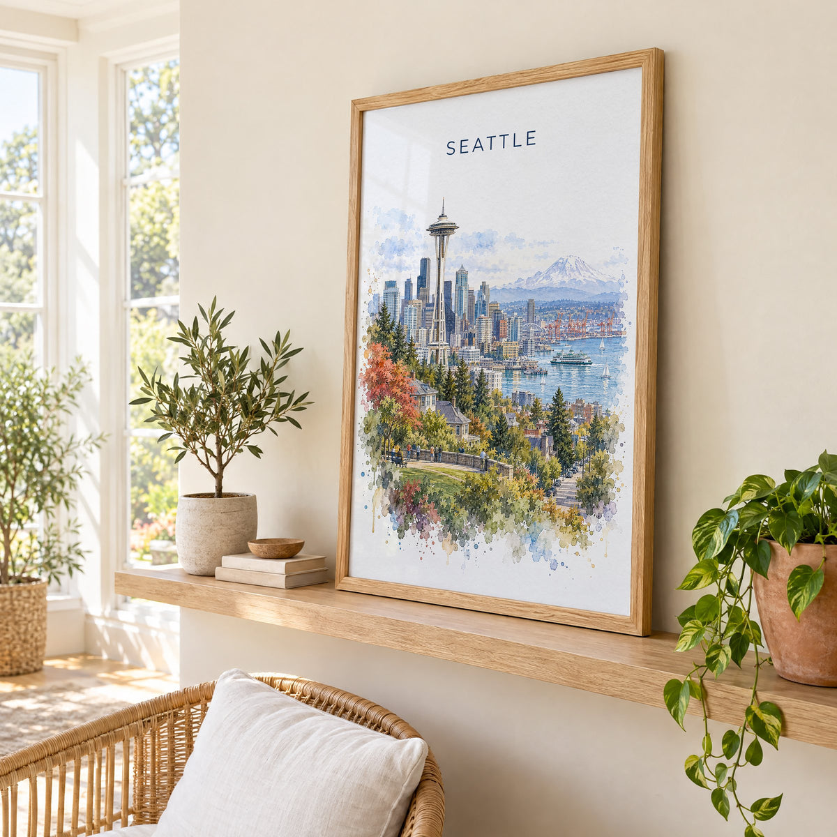 Seattle watercolor print in an oak frame on a picture ledge in a sunlit sunroom
