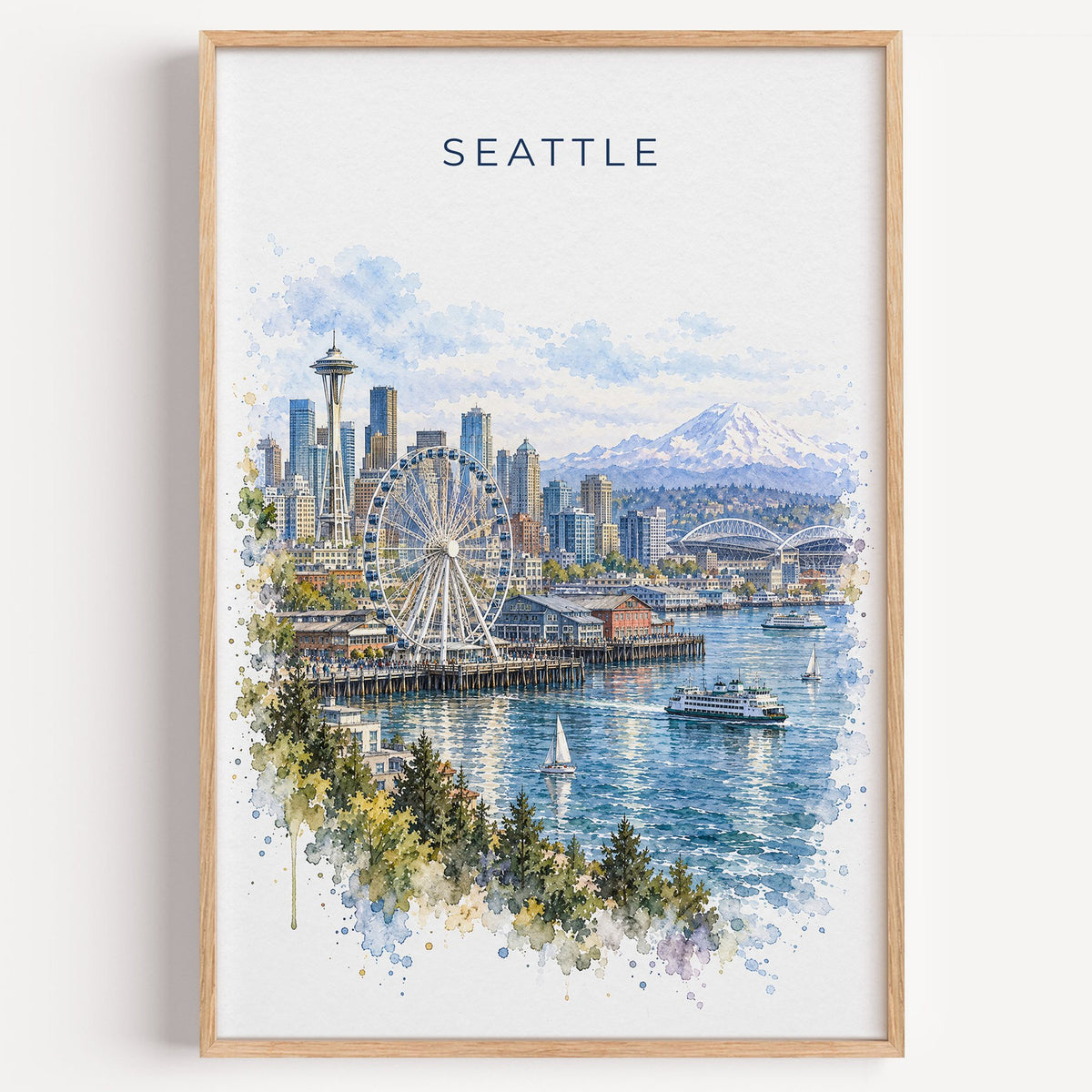 Seattle Waterfront watercolor print in a light oak frame on a plain white wall
