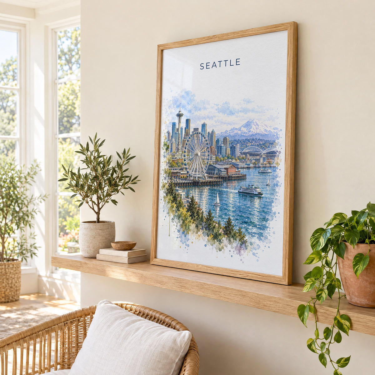 Seattle Waterfront watercolor print in an oak frame on a picture ledge in a sunlit sunroom