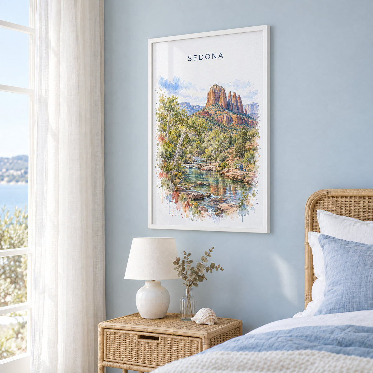 Sedona watercolor print in a white frame on a pale blue wall beside a rattan bed in a coastal bedroom