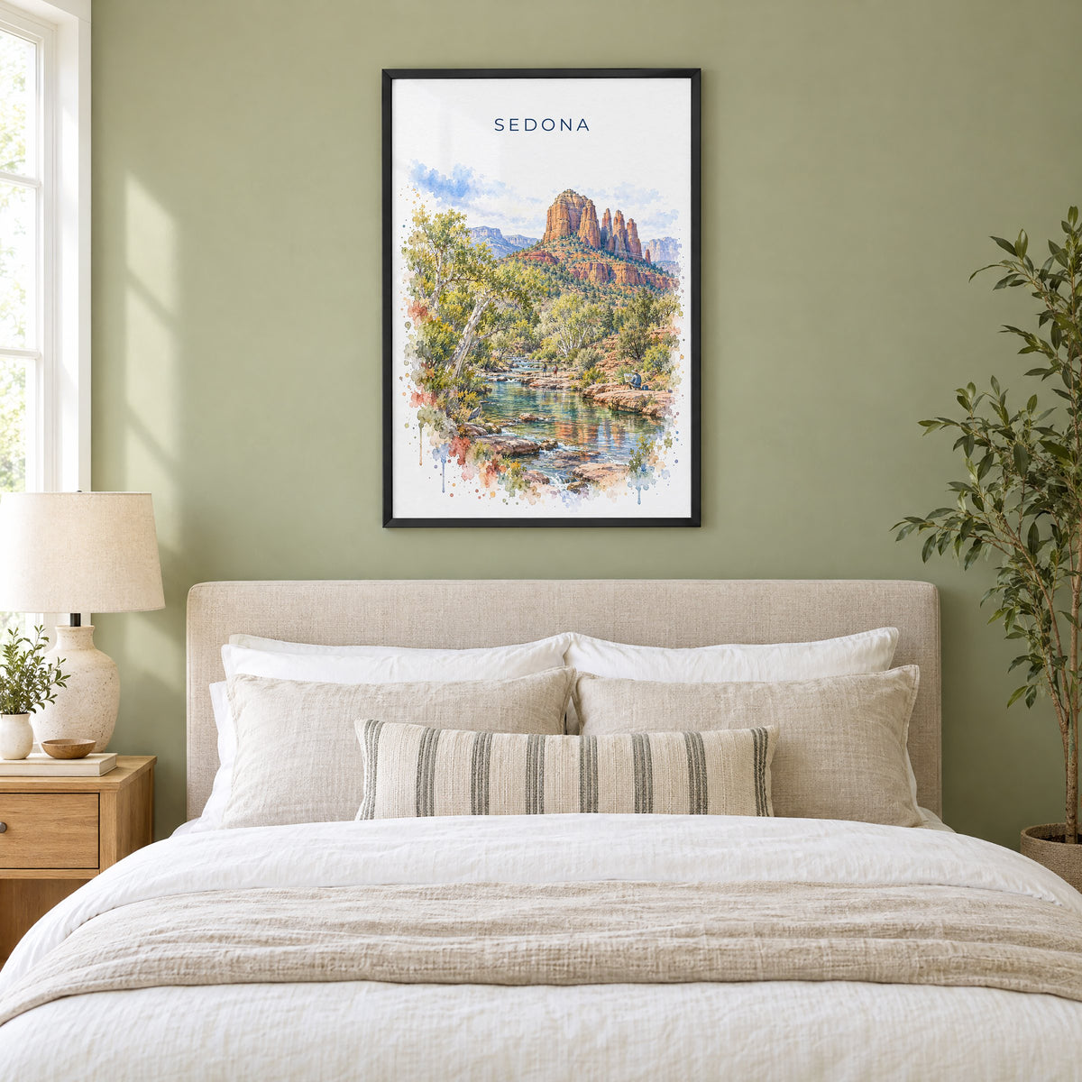 Sedona watercolor print in a black frame above an upholstered headboard in a sage green bedroom
