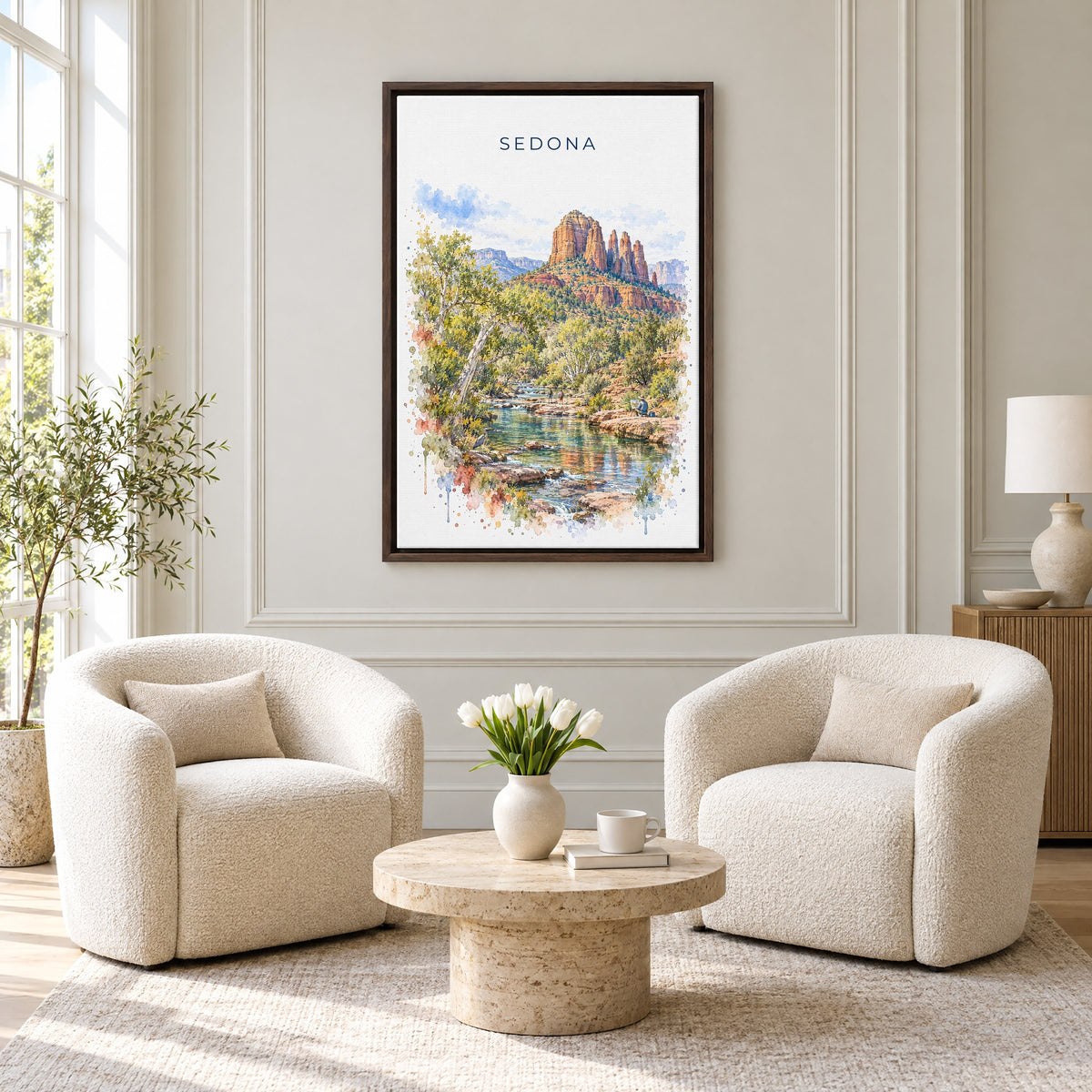 Sedona watercolor print as an espresso floater canvas above two boucle armchairs in a hotel lounge