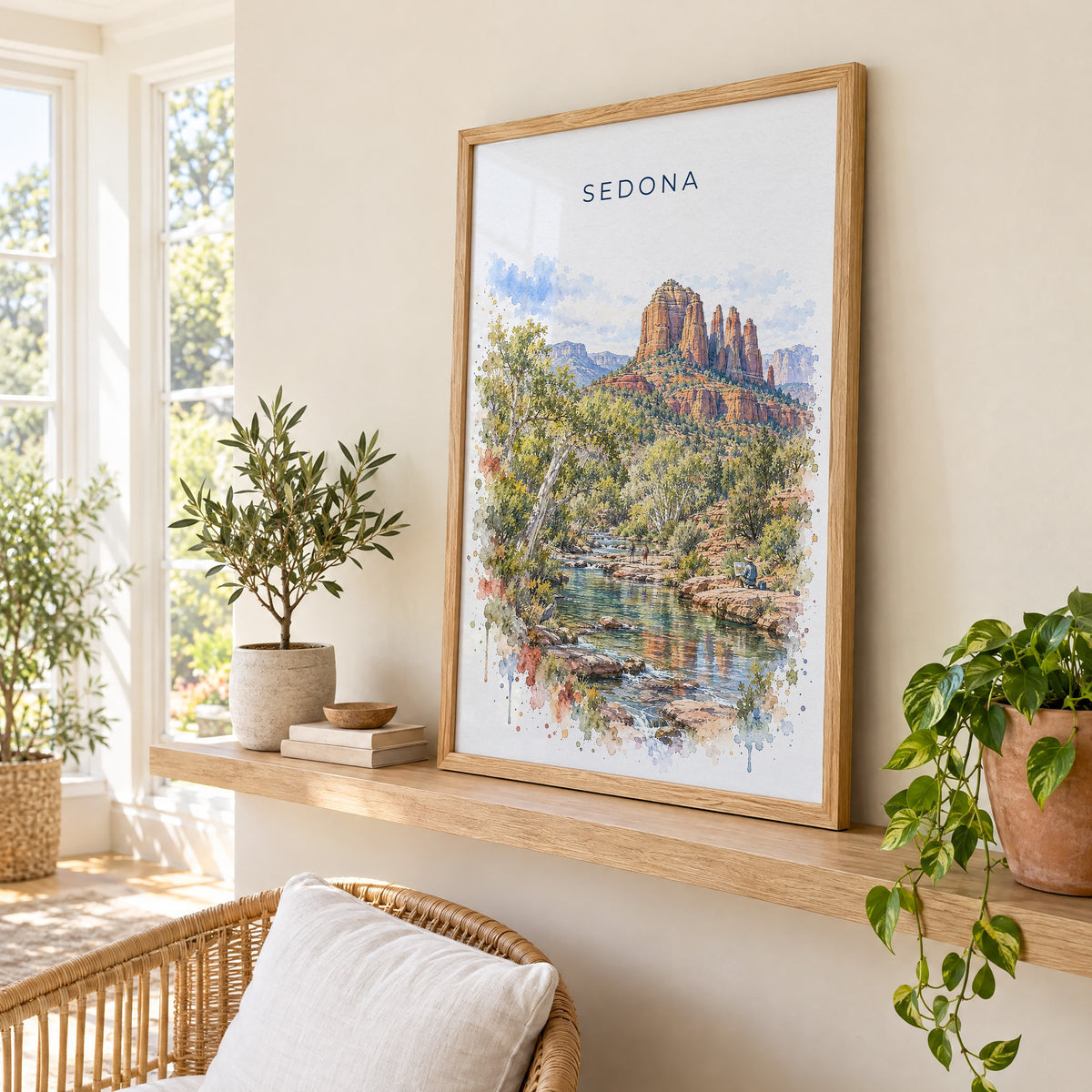 Sedona watercolor print in an oak frame on a picture ledge in a sunlit sunroom