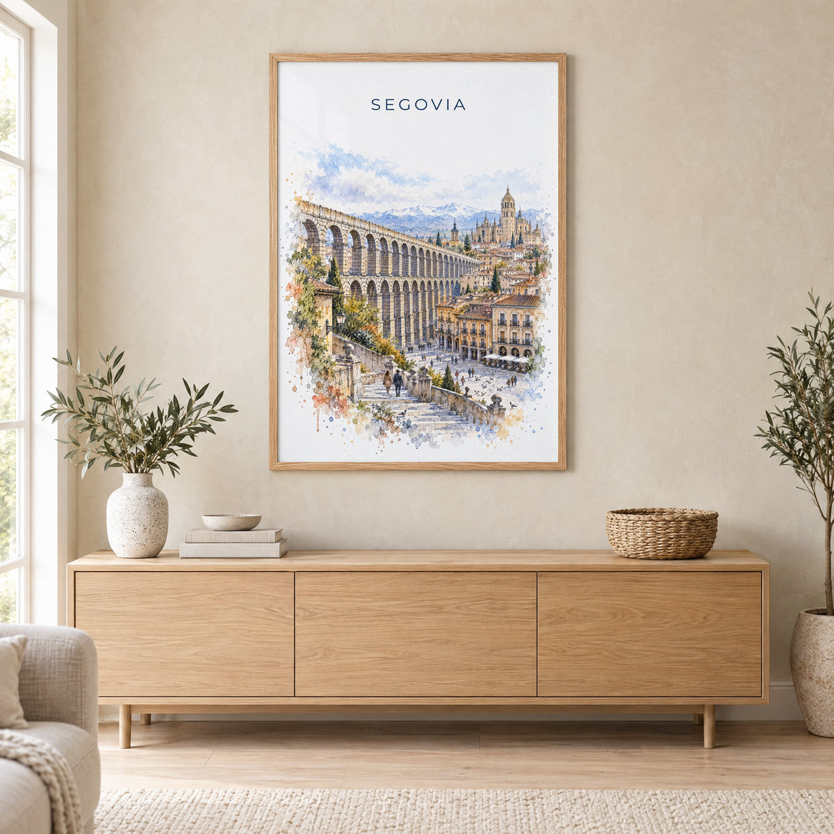 Segovia watercolor print in an oak frame above a light wood sideboard in a Scandinavian living room