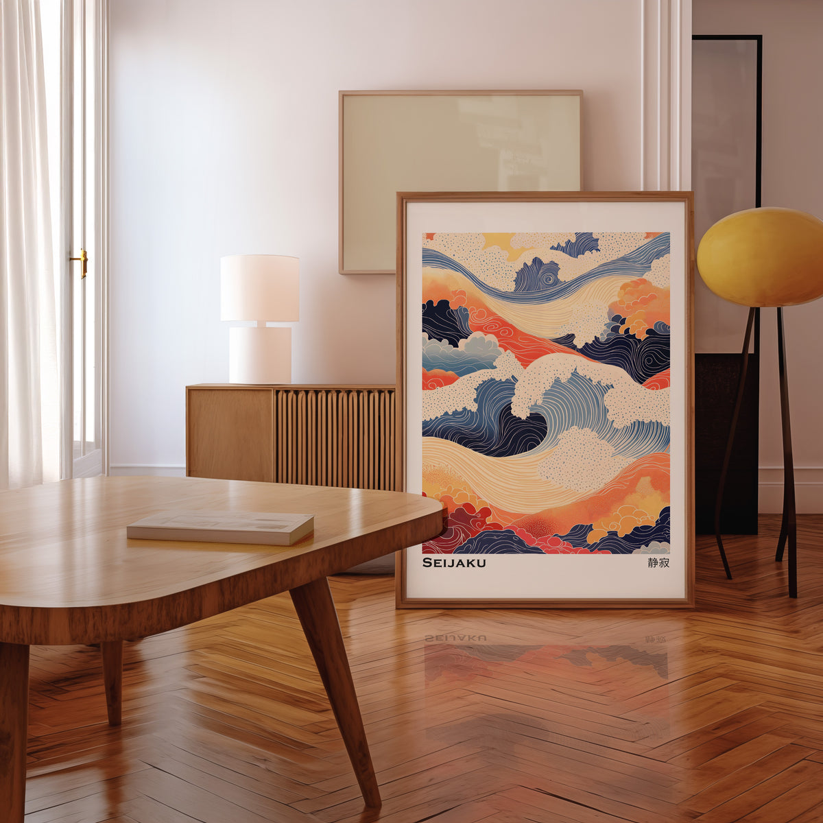 Orange and navy Seijaku waves print in a walnut frame leaning in a mid-century living room
