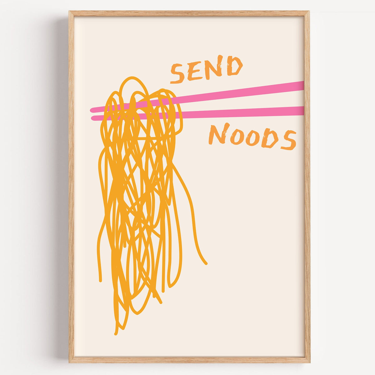 Send Noods chopsticks print in a light oak frame on a plain white wall
