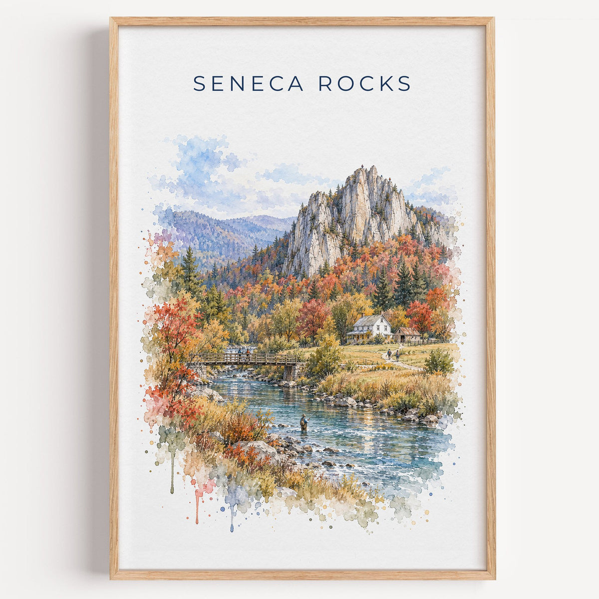 Seneca Rocks watercolor print in a light oak frame on a plain white wall