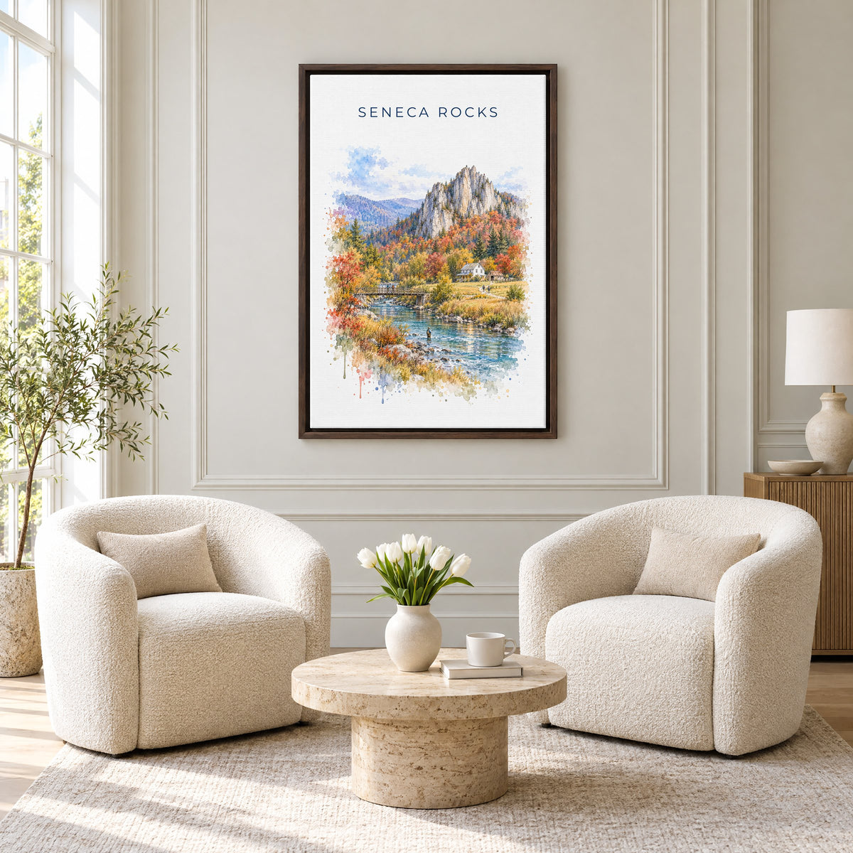Seneca Rocks watercolor print as an espresso floater canvas above two boucle armchairs in a hotel lounge
