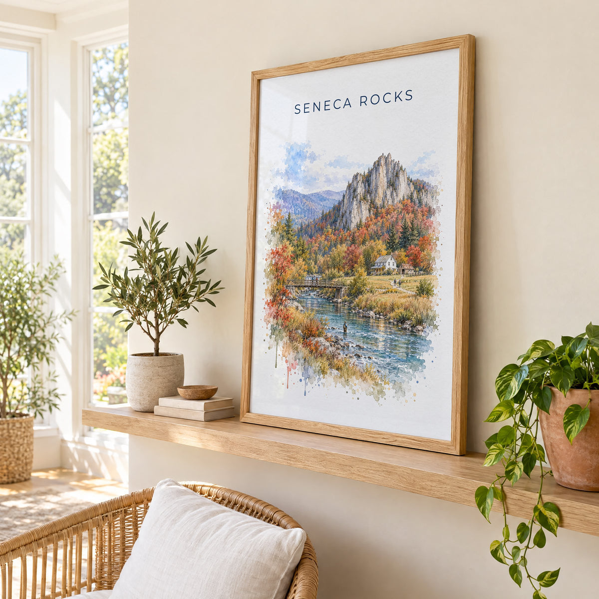 Seneca Rocks watercolor print in an oak frame on a picture ledge in a sunlit sunroom