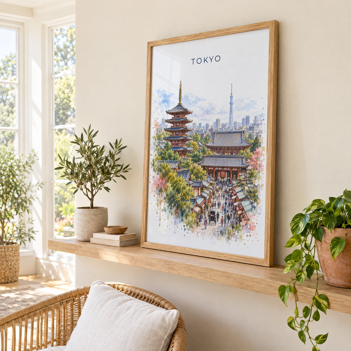 Senso-ji watercolor print in an oak frame on a picture ledge in a sunlit sunroom