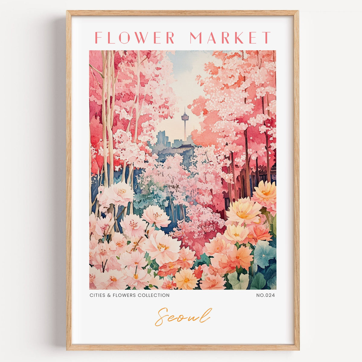 Seoul flower market print in a light oak frame on a plain white wall
