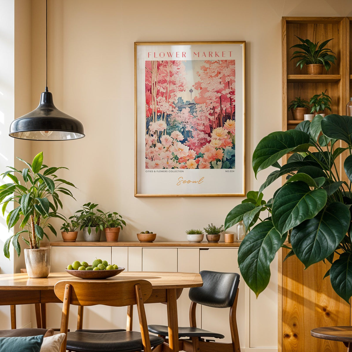 Seoul flower market print in an oak frame above a dining sideboard lined with potted plants
