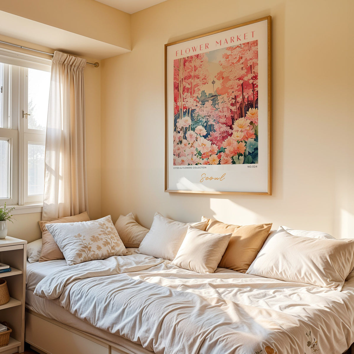 Seoul flower market print in an oak frame above a cream daybed in a sunny bedroom