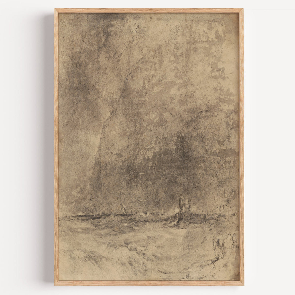 Sepia charcoal storm and tower sketch print in a light oak frame on a plain white wall