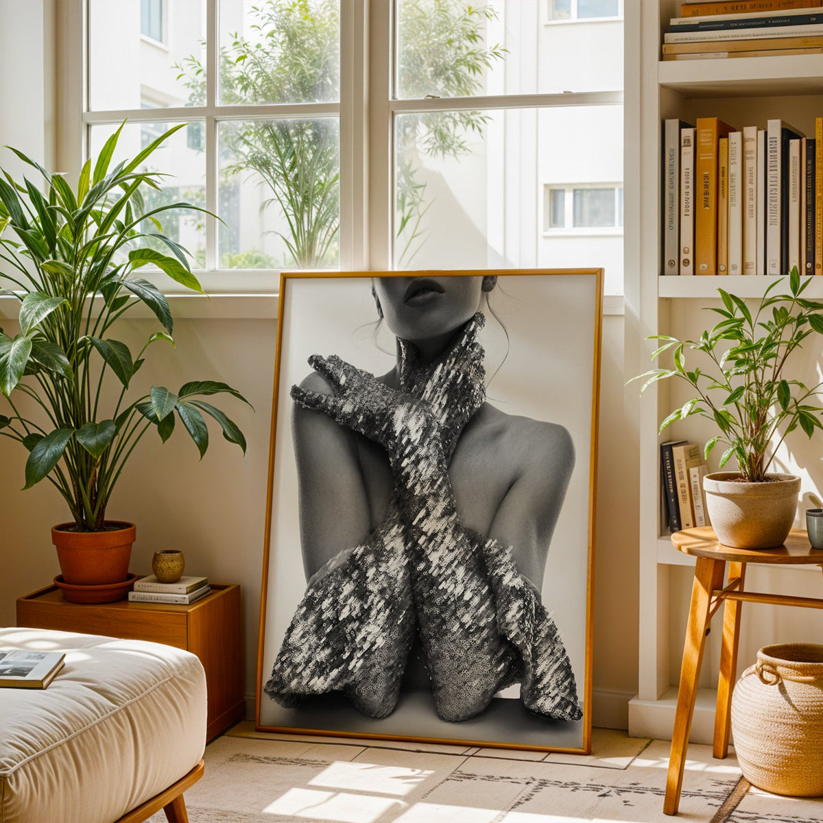 Crossed arms in sequin opera gloves print shown in a brass frame leaning on a sunlit living room floor