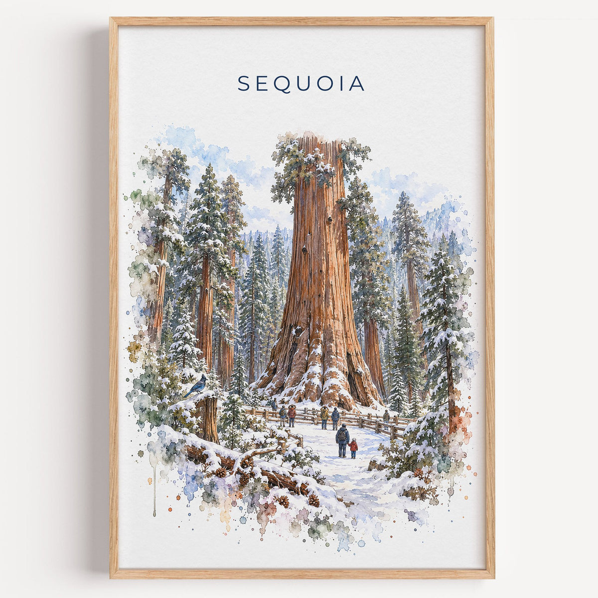Sequoia National Park watercolor print in a light oak frame on a plain white wall