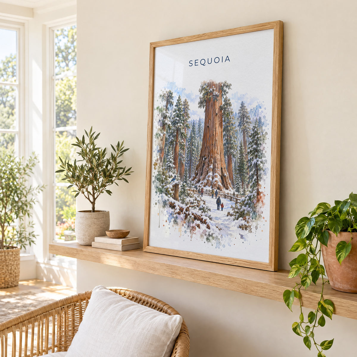 Sequoia National Park watercolor print in an oak frame on a picture ledge in a sunlit sunroom