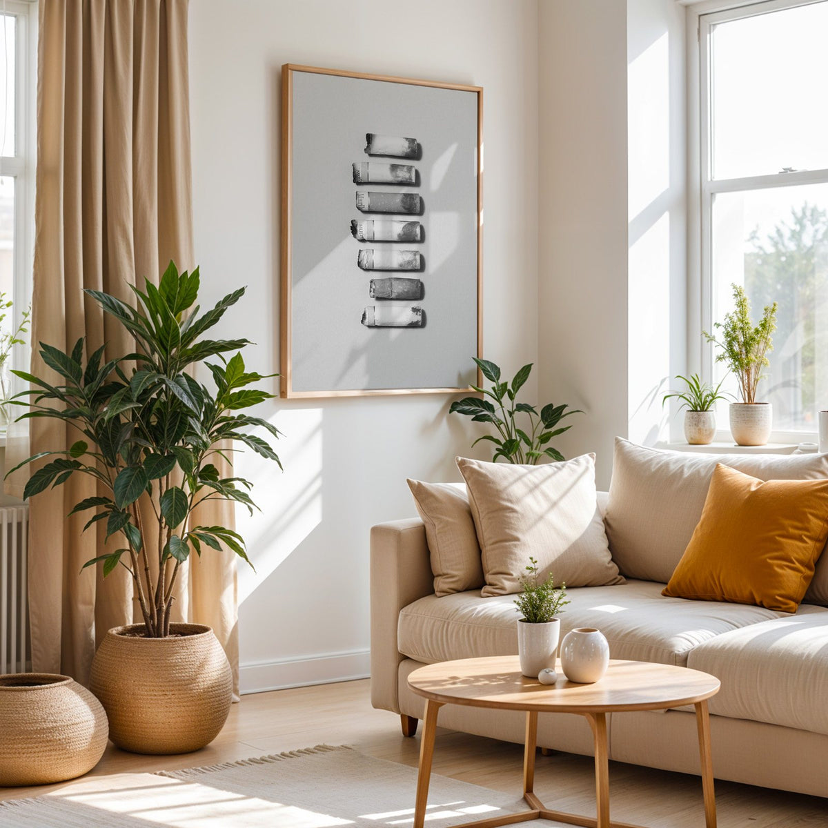 Seven cigarette ends in a column on gray print in an oak frame above a cream sofa beside woven planters