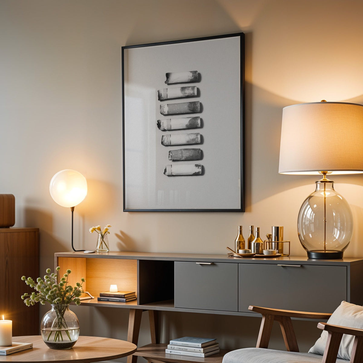 Seven cigarette ends in a column on gray print in a black frame above a grey media console with a glass table lamp
