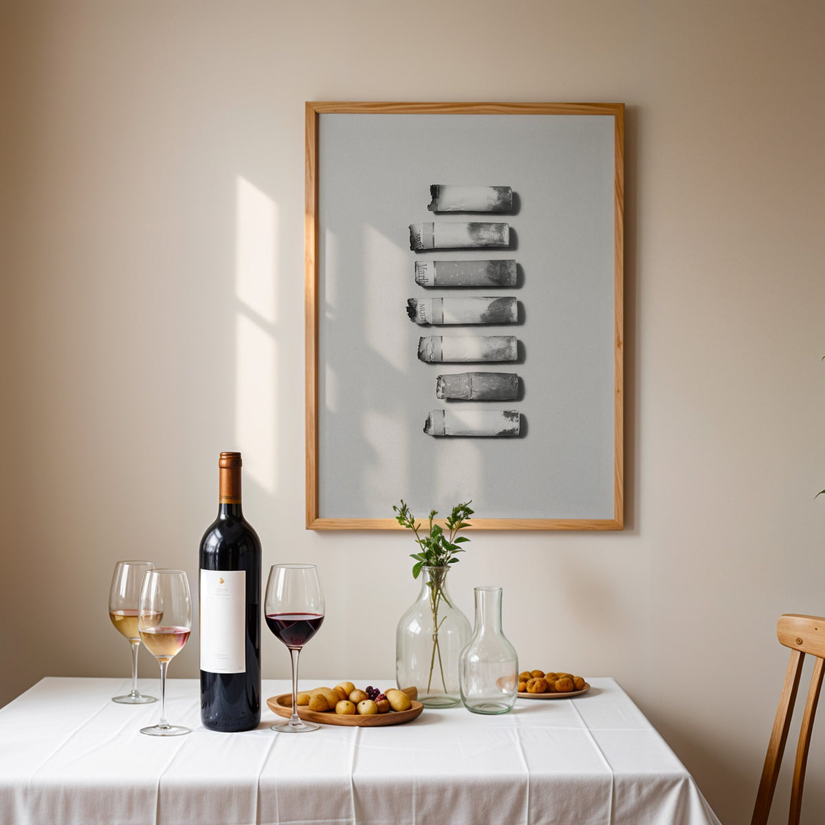Seven cigarette ends in a column on gray print in an oak frame above a table set with red wine and glasses