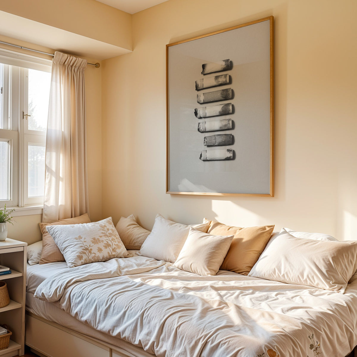 Seven cigarette ends in a column on gray print in an oak frame above a cream daybed in a sunny bedroom
