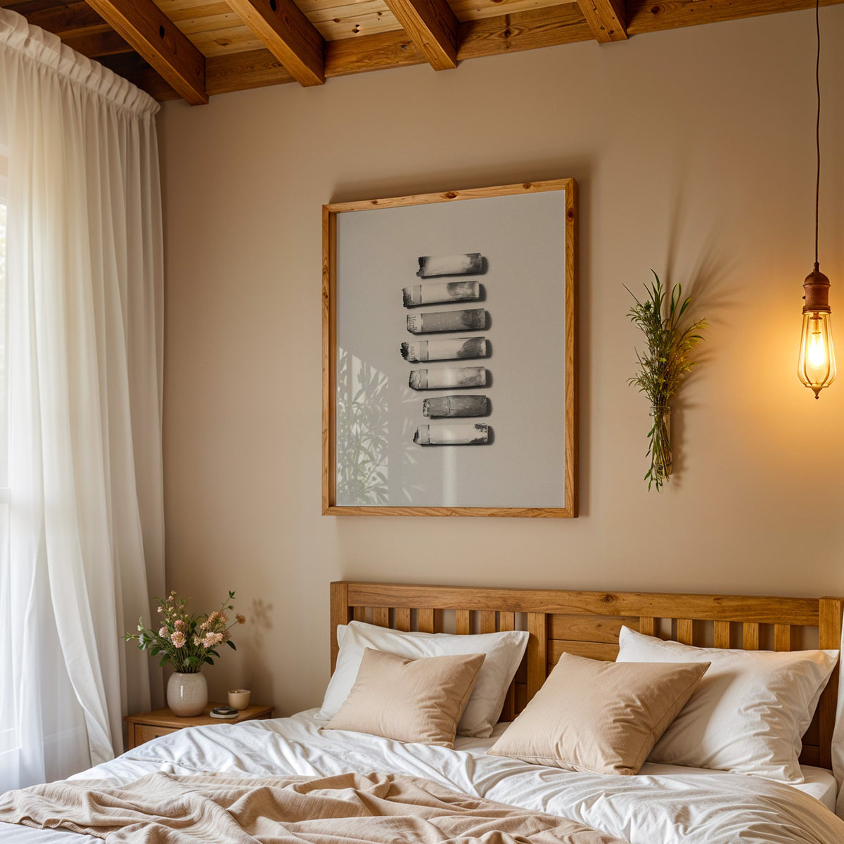 Seven cigarette ends in a column on gray print in a pine frame above a wood headboard bed under a pendant bulb