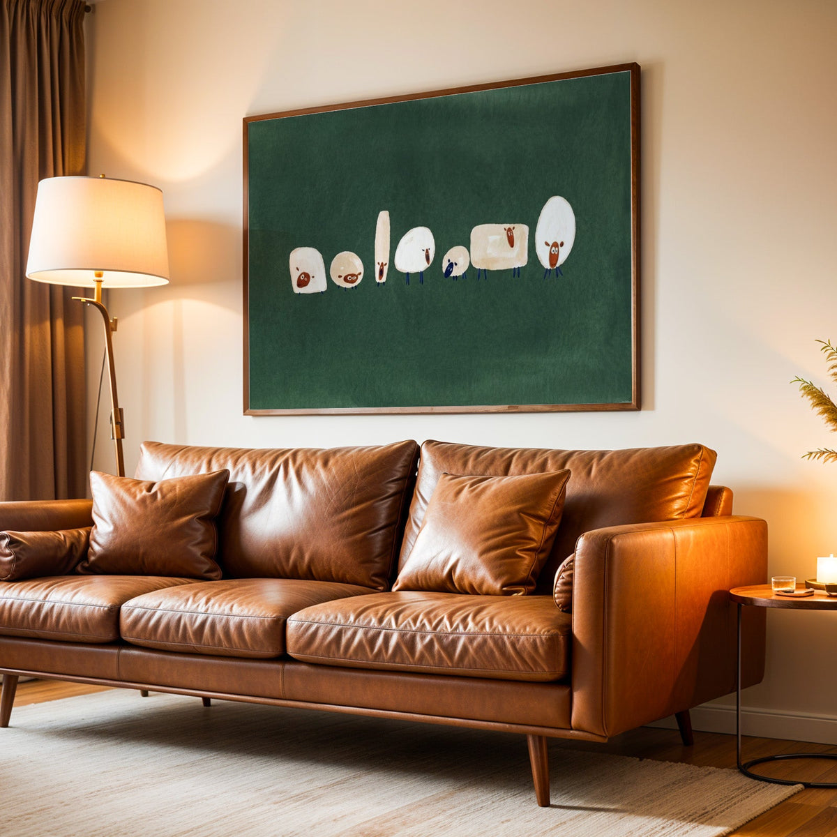 Green nursery sheep print in a walnut frame above a leather sofa by lamplight