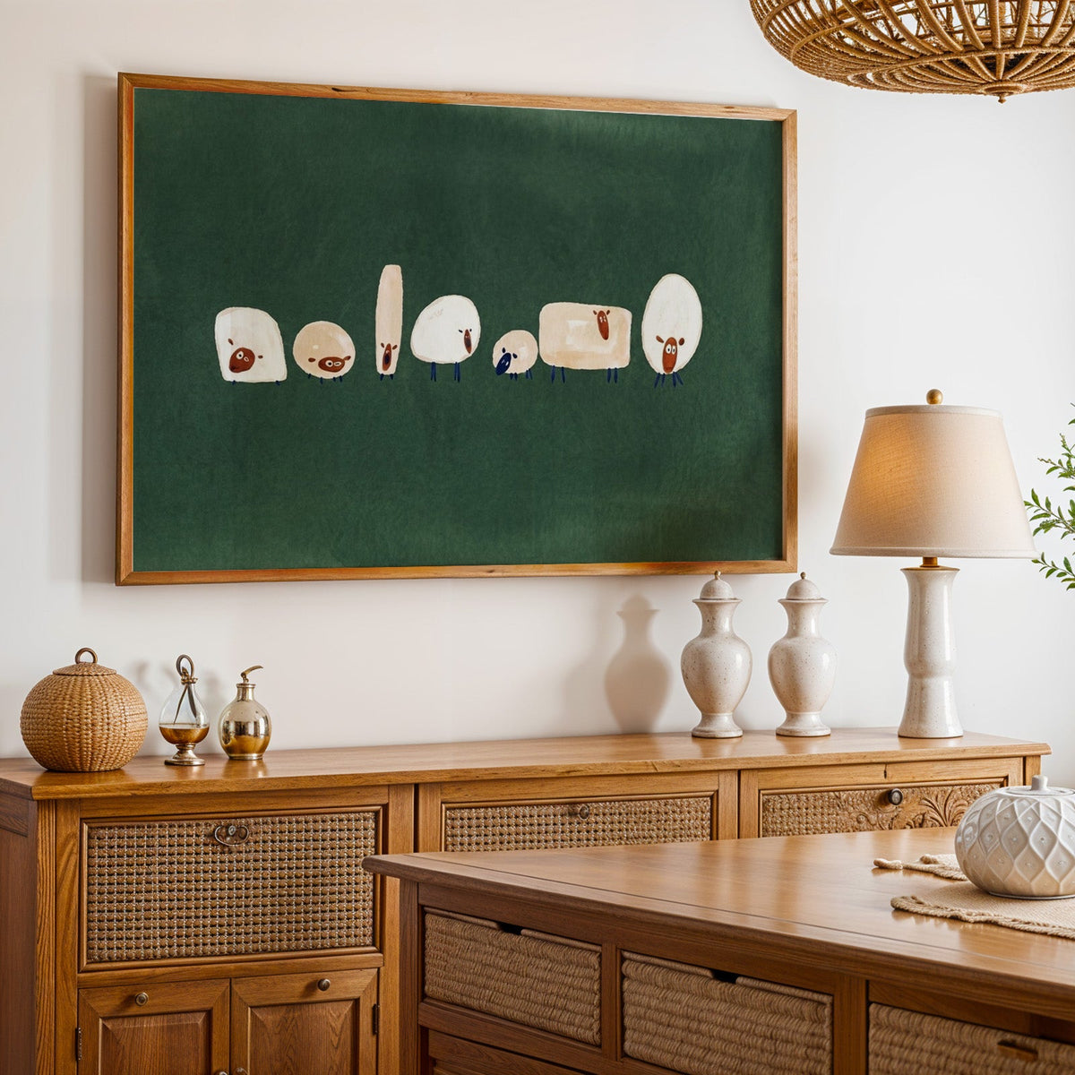 Funny sheep wall art print in an oak frame above a cane sideboard with a table lamp