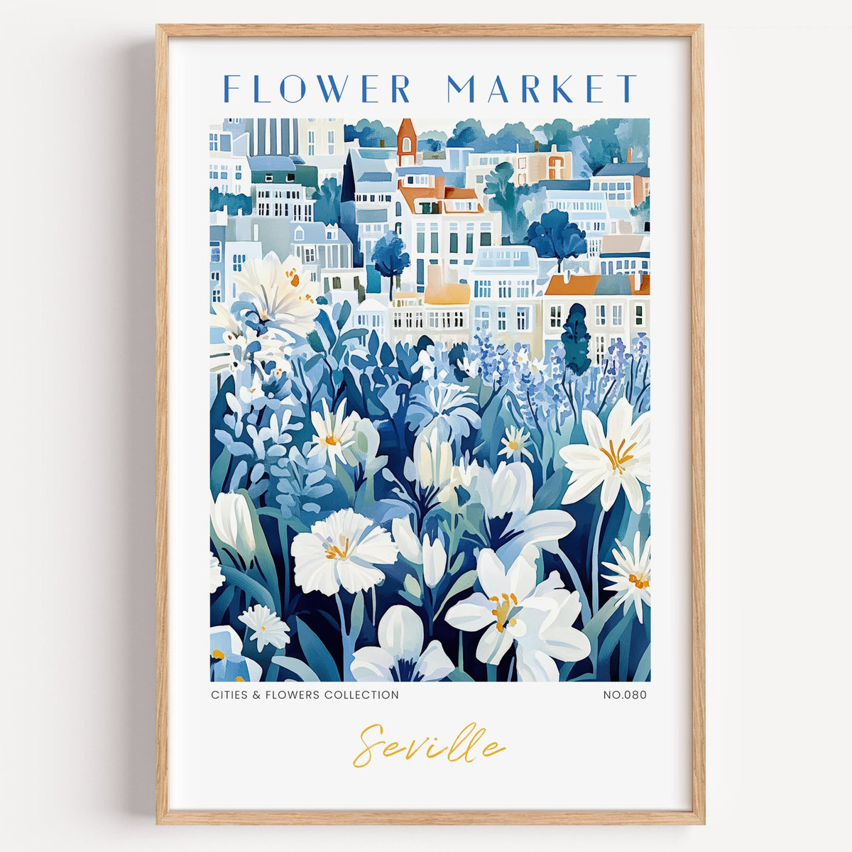 Seville flower market print in a light oak frame on a plain white wall