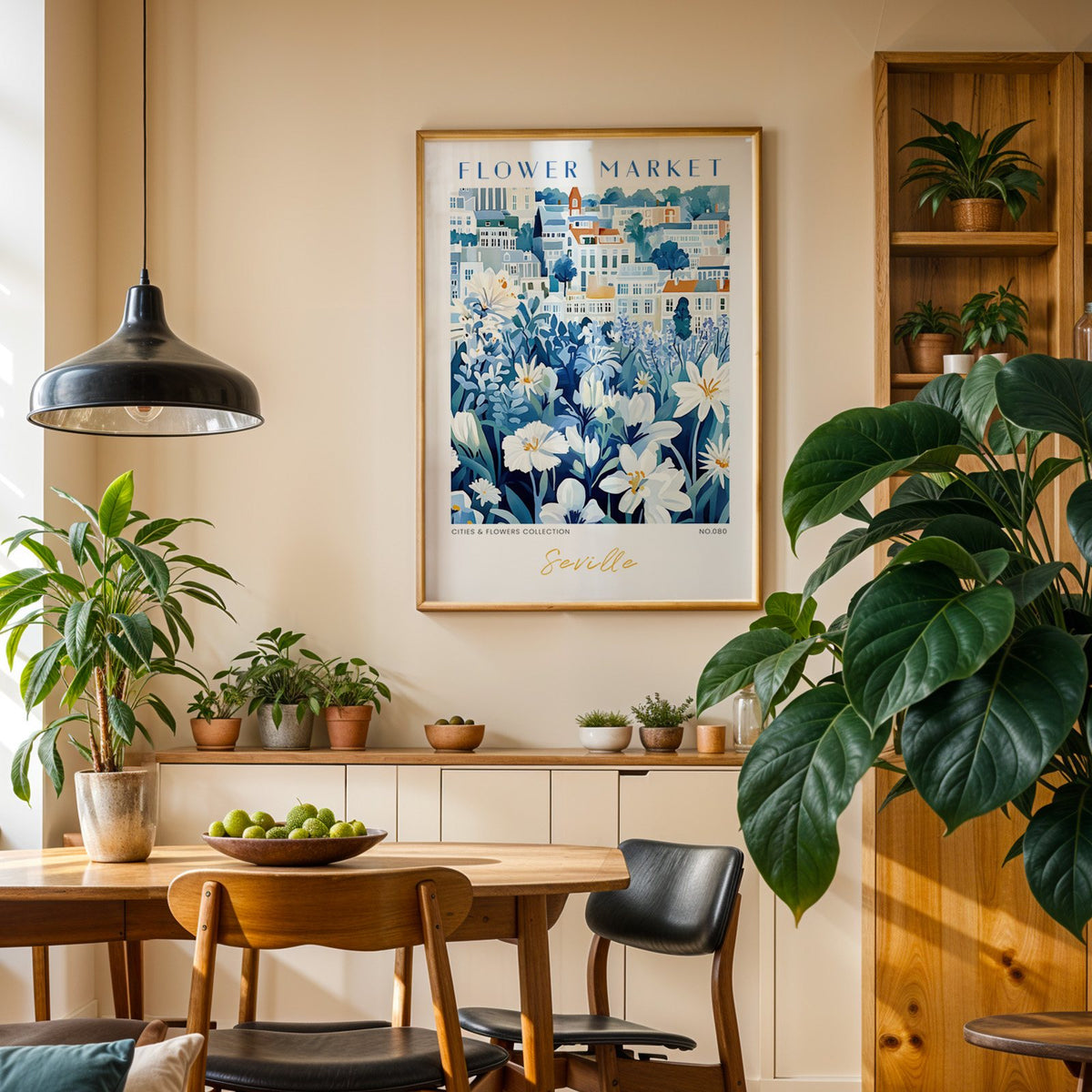 Seville flower market print in an oak frame above a dining sideboard lined with potted plants