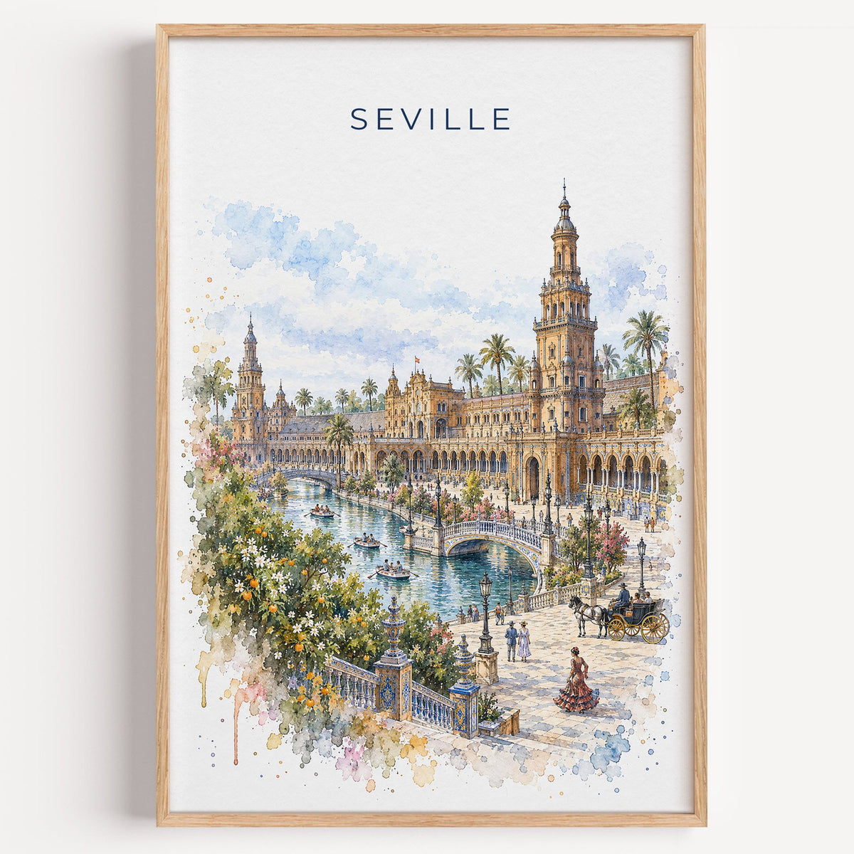 Seville watercolor print in a light oak frame on a plain white wall