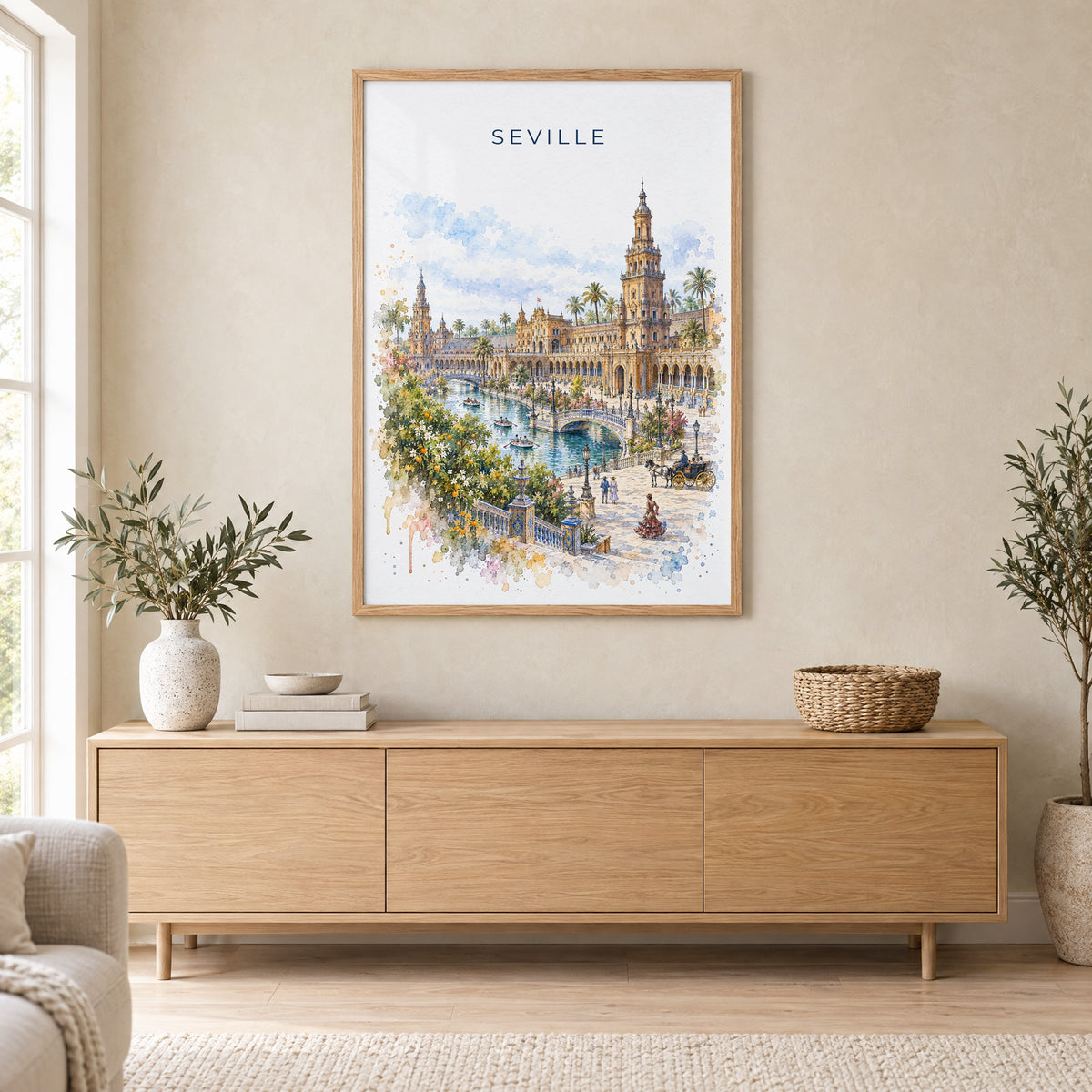 Seville watercolor print in an oak frame above a light wood sideboard in a Scandinavian living room