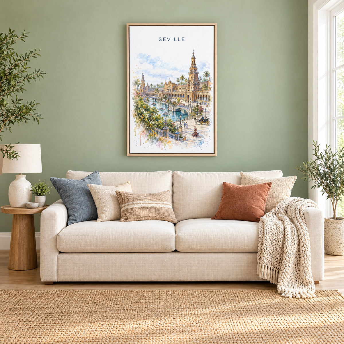 Seville watercolor print as a natural floater canvas above a cream linen sofa on a sage green wall