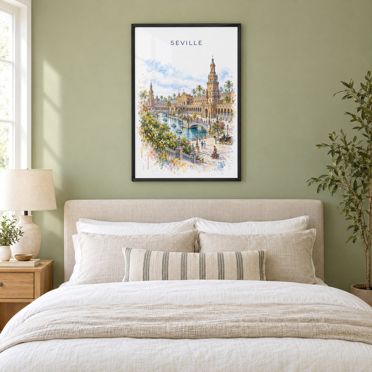 Seville watercolor print in a black frame above an upholstered headboard in a sage green bedroom