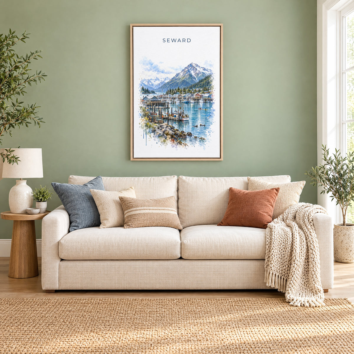 Seward, Alaska watercolor print as a natural floater canvas above a cream linen sofa on a sage green wall