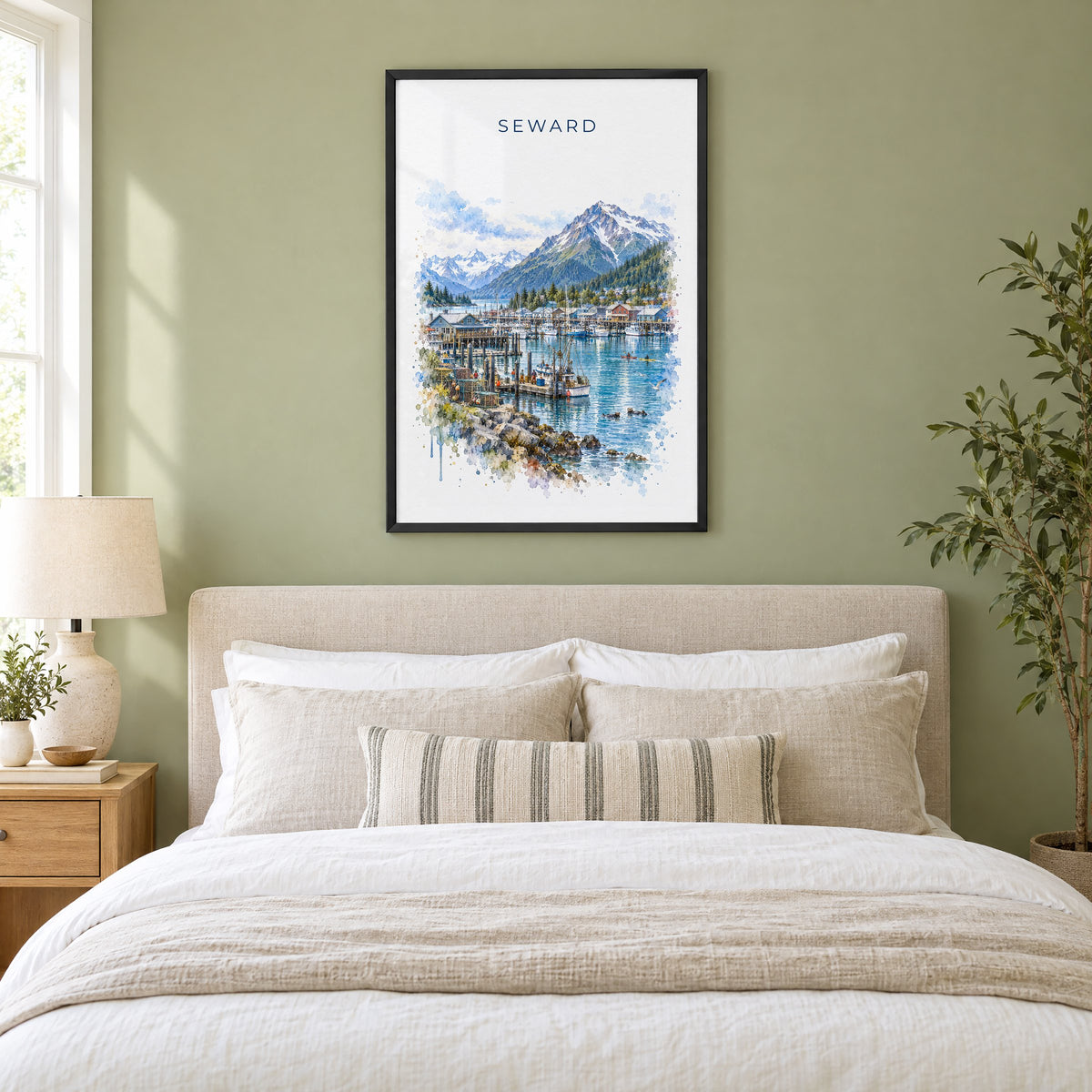Seward, Alaska watercolor print in a black frame above an upholstered headboard in a sage green bedroom
