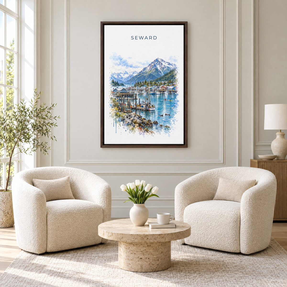 Seward, Alaska watercolor print as an espresso floater canvas above two boucle armchairs in a hotel lounge