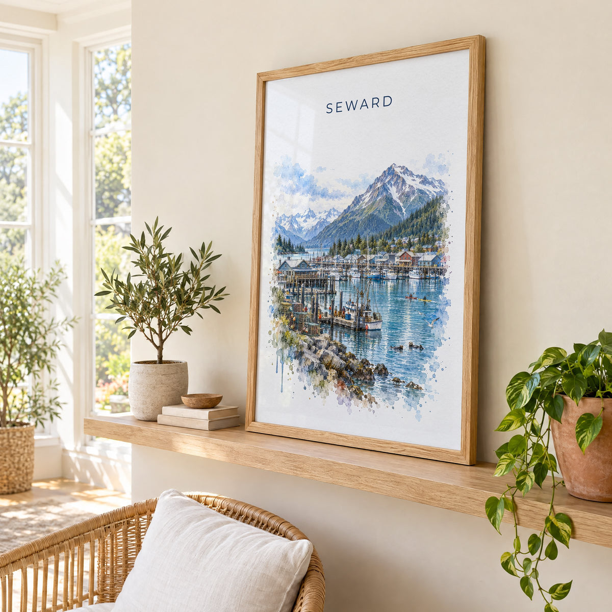 Seward, Alaska watercolor print in an oak frame on a picture ledge in a sunlit sunroom