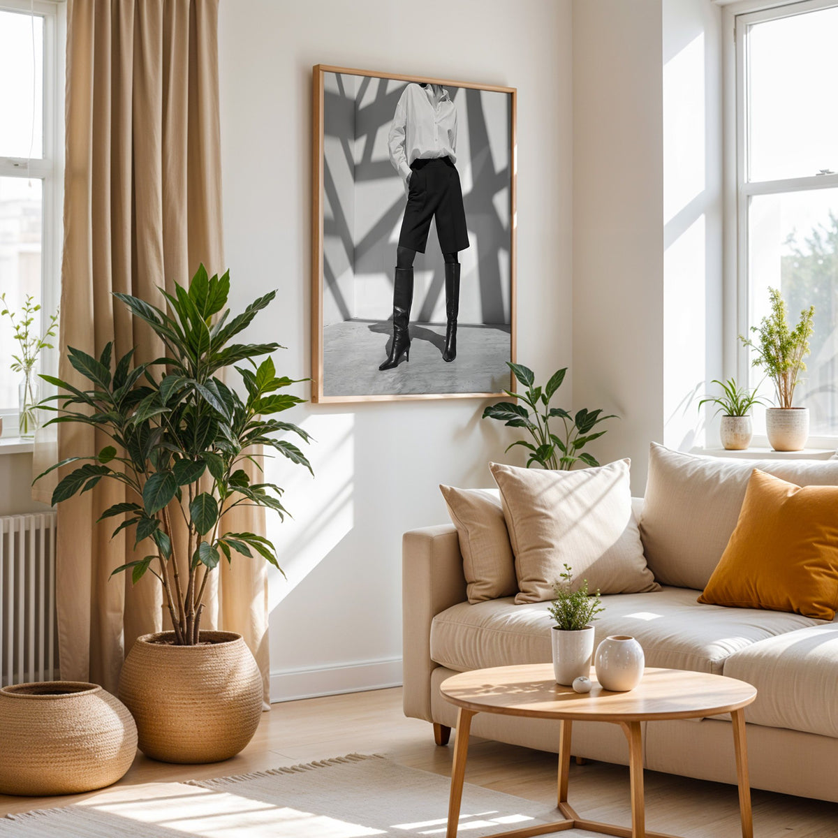 Black and white shirt and knee boots shadow wall print in an oak frame above a cream sofa beside woven planters